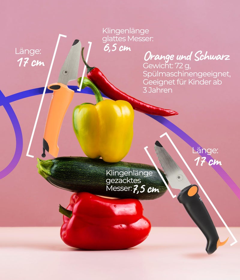 Kuhn Rikon KinderkitchenÂ® Kids Chef Knife Set 6", 2 Pieces, Black/Orange | Straight Edge & Serrated Knife | Cutting Tool Made for Real Cooking | Child Friendly Dog Design With Hand Guard For Safety - Image 5